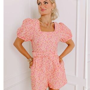 entro Pink Floral Puff-Sleeve Belted Romper